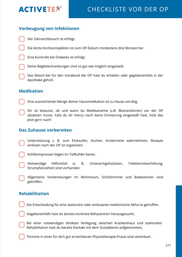 Buchseite „Checkliste vor der OP“ mit Punkten zu Medikation, Zuhause vorbereiten und Rehabilitation