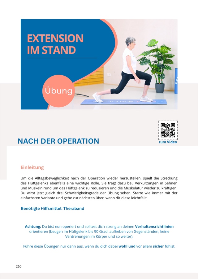 Buchseite „Extension im Stand“: Übungsanleitung für nach der Operation mit QR-Code zum Video
