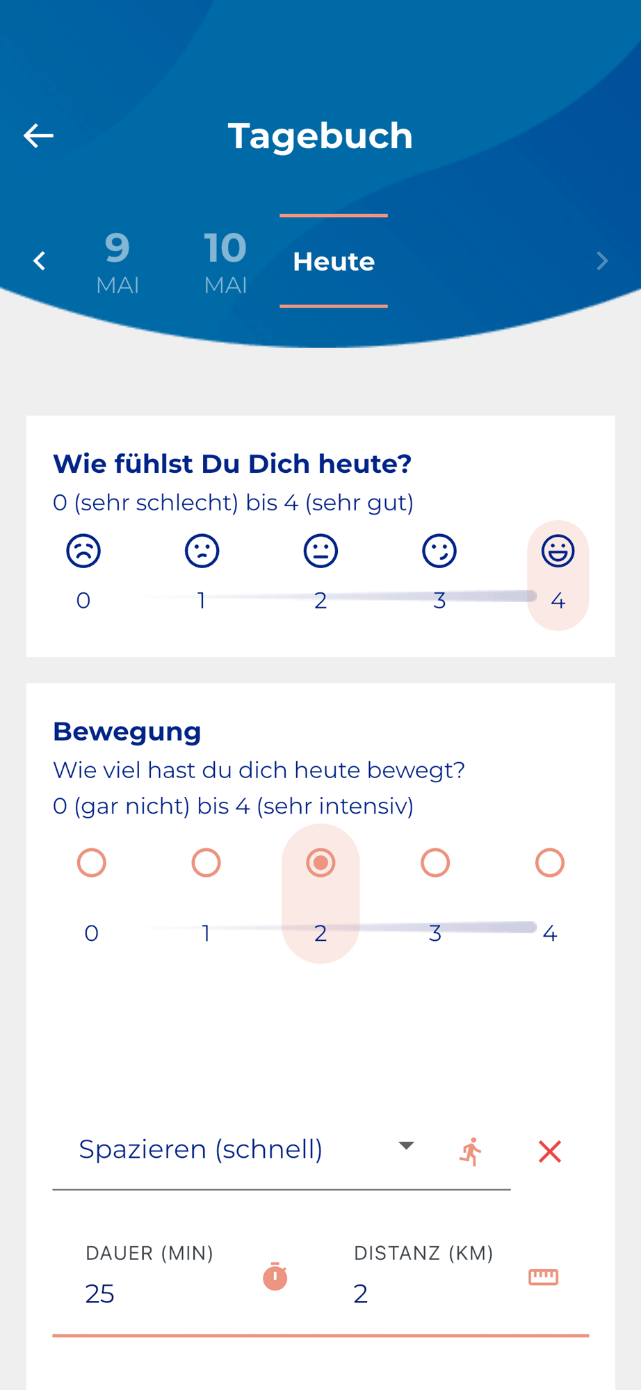 App-Screen: Tagebuch und tägliche Begleitung