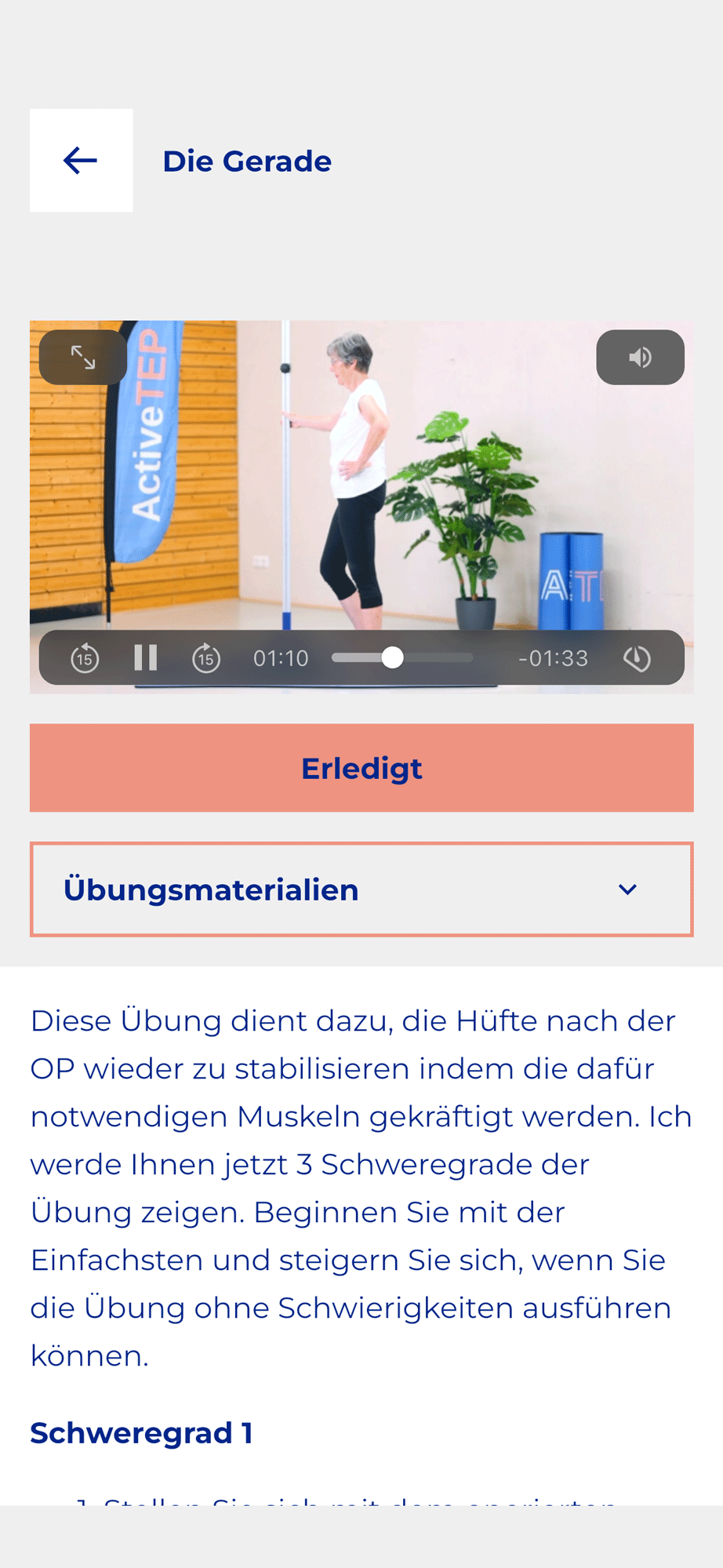 App-Screen: Übungs-Video mit Anleitung